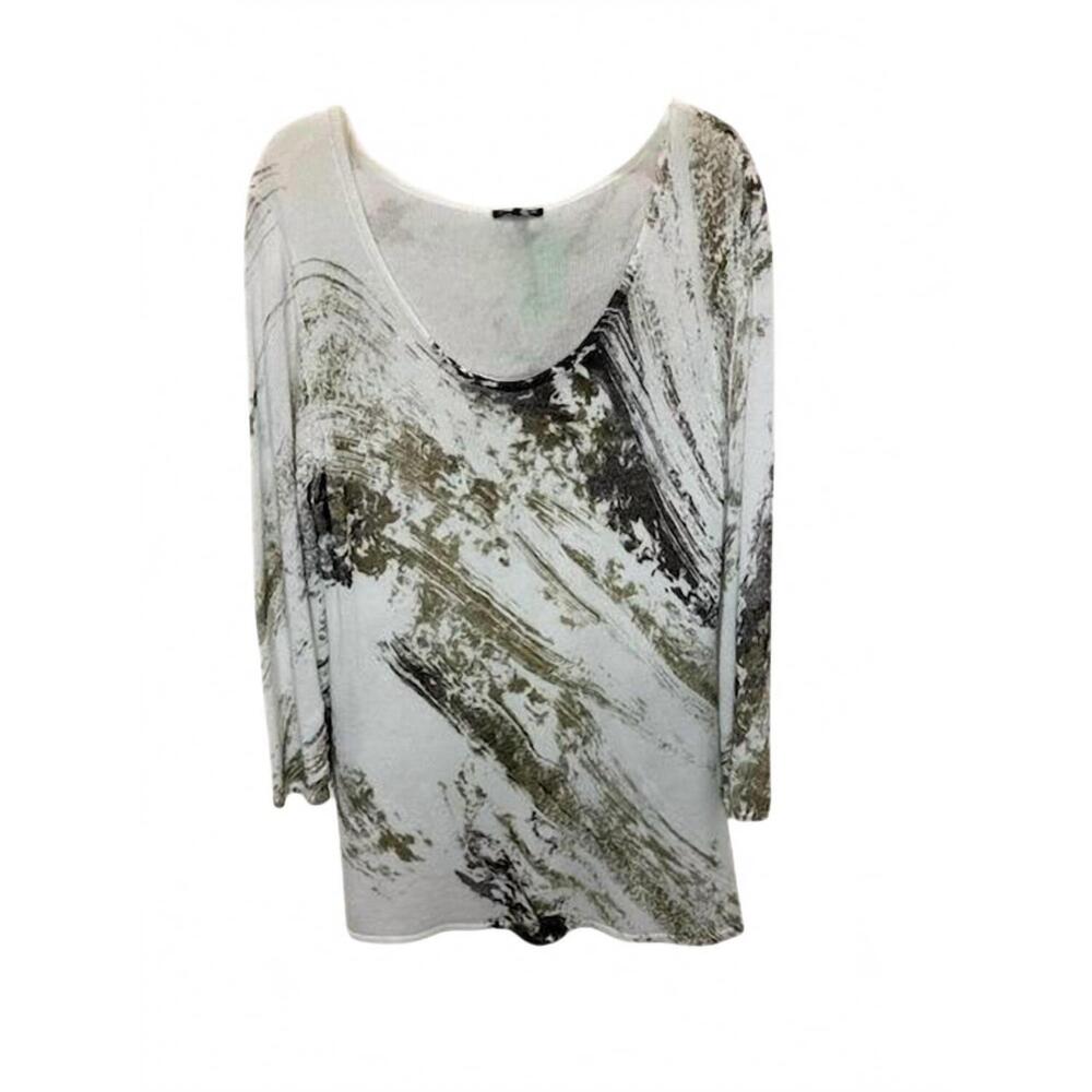 NEW 600 WEST women painted scoop neck pull on sweater in white/gold/black